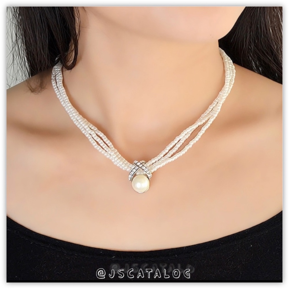 3 x Faux Pearls Layered Choker w/CZ Silver Pendant